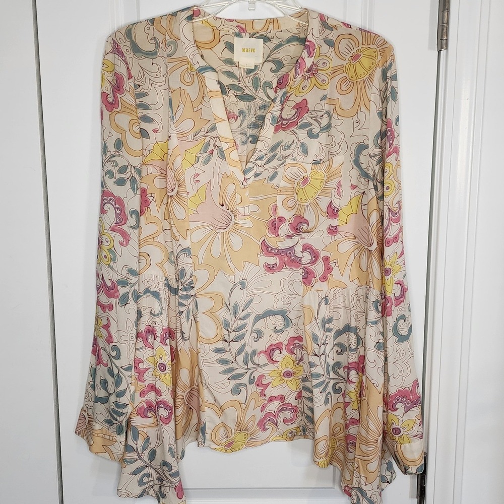 Maeve Anthropologie Floral Peplum Blouse Long Sleeve Split Neck Multi Color 8